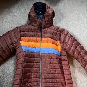 Cotopaxi Fuego Hooded Brown Down Jacket with Orange and Blue Stripes
